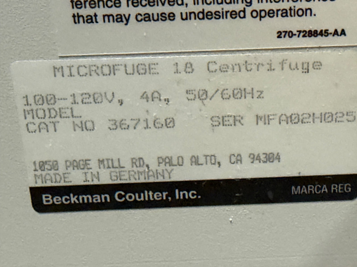Beckman Coulter Microfuge 18 Centrifuge 367160 with F2415P 24-Place Rotor TESTED