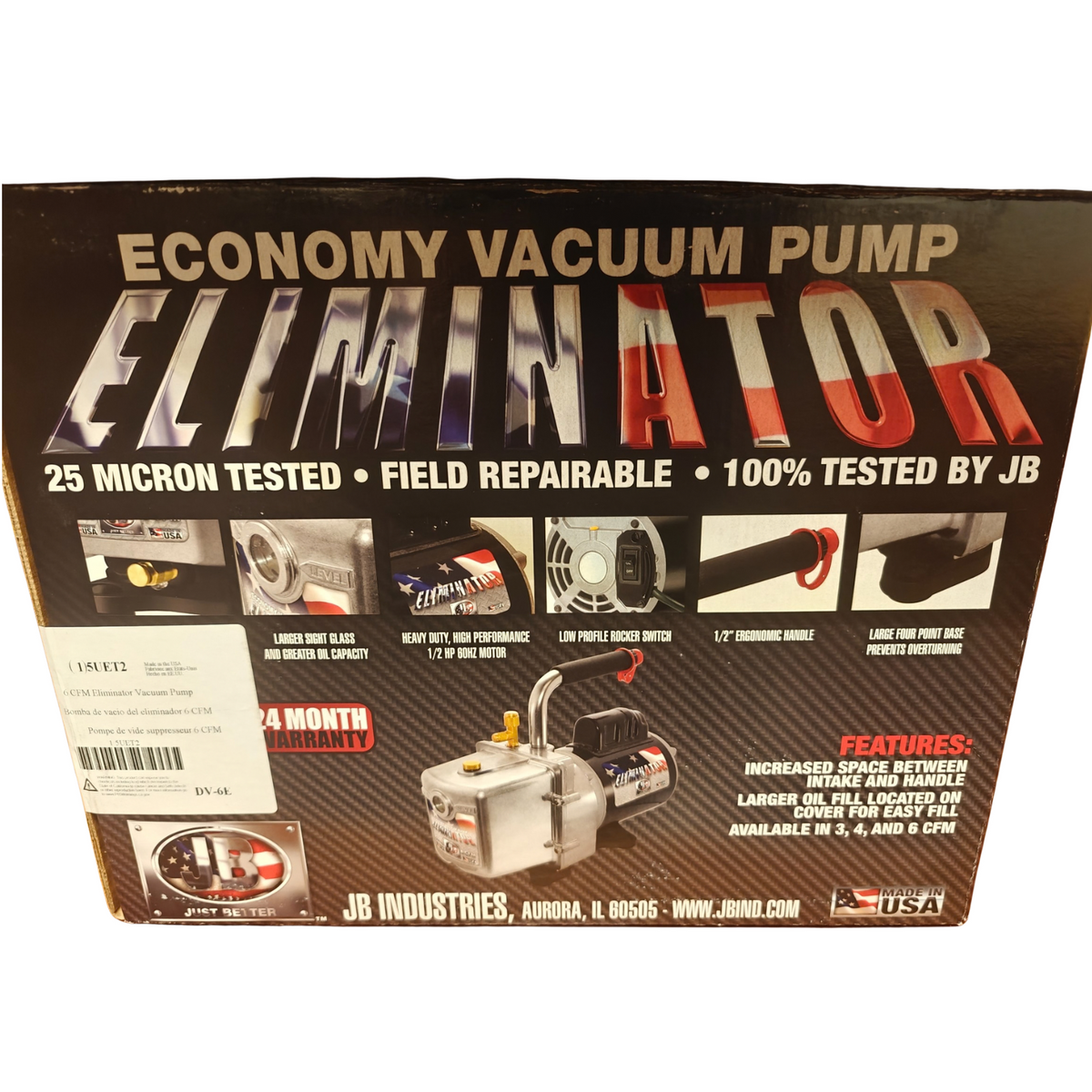 JB Industries Eliminator DV-6E 6 CFM Vacuum Pump 1/2 HP HVAC Refrigeration