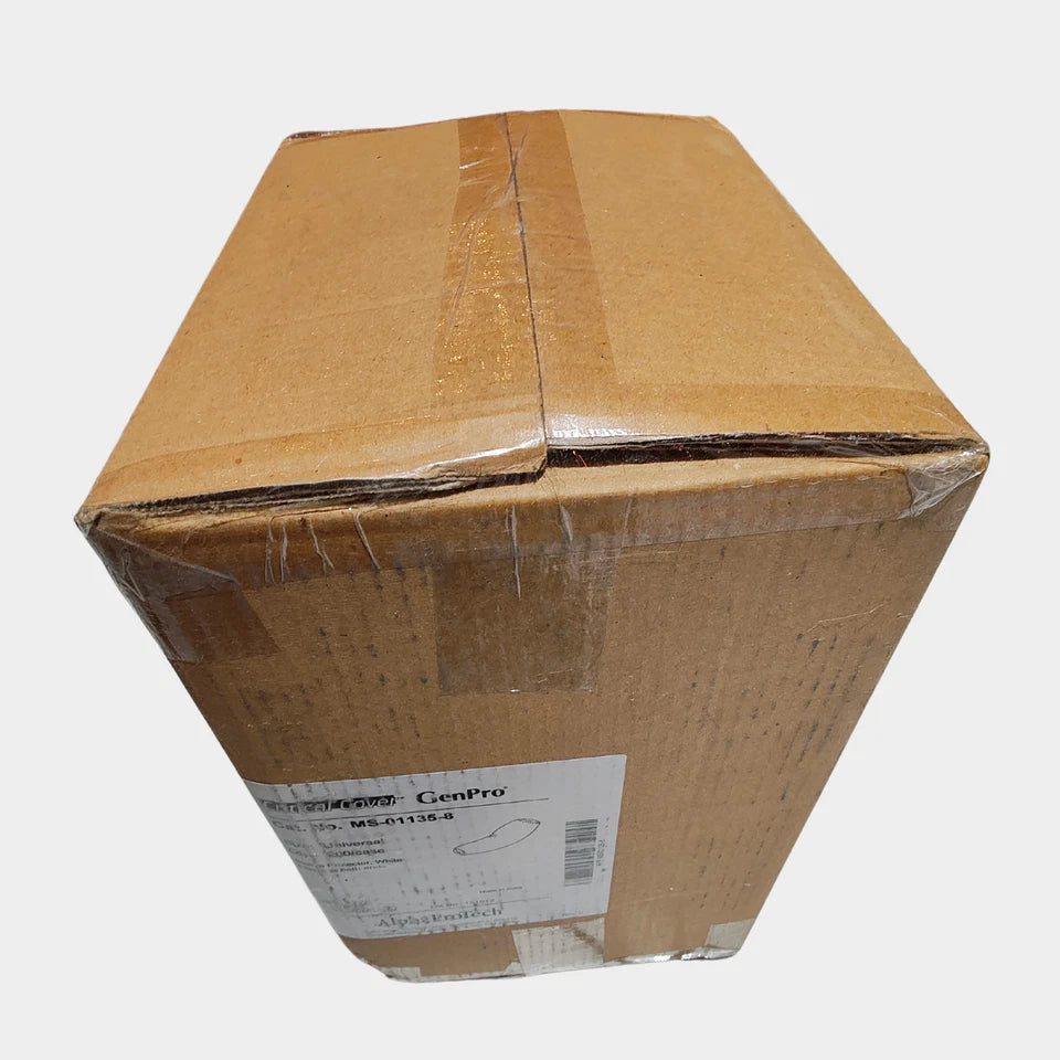 Shipping box containing disposable white protective sleeves