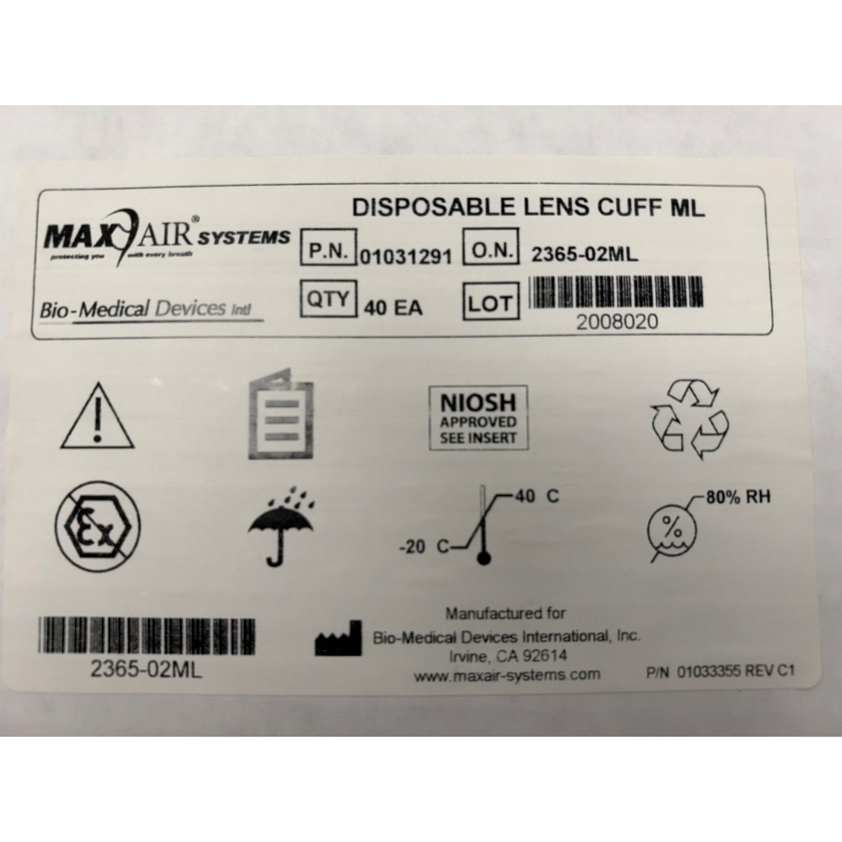 MaxAir Systems 2365-02ML Disposable Lens Cuff ML Face Shields NEW Box of 40