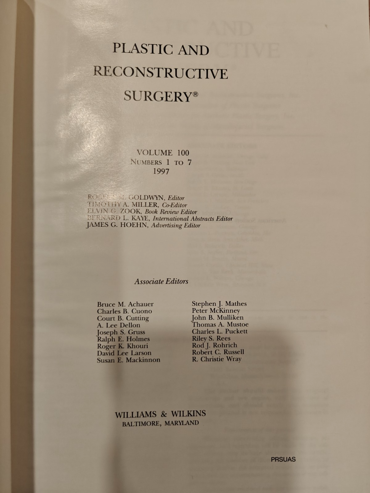 Plastic and Reconstructive Surgery Vol 100 No.1–7 1997 Hardcover Medical Journal
