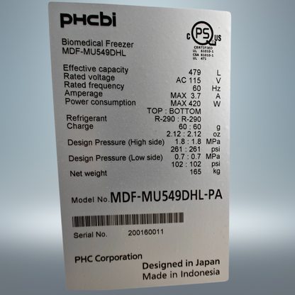 PHCbi MDF-MU549DH-PA -40°C ECO Biomedical Plasma Freezer 16.9 Cu Ft Dual Chamber