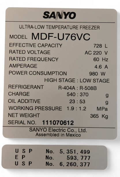 Sanyo MDF-U76VC -86°C ULT Lab Freezer 25.7 cu ft VIP Ultra-Low 220V | TESTED