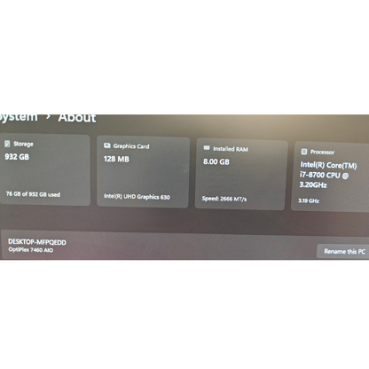 Dell OptiPlex 7460 23.8" All-in-One i7-8700 8GB RAM 1TB NVMe SSD Windows 11 Pro