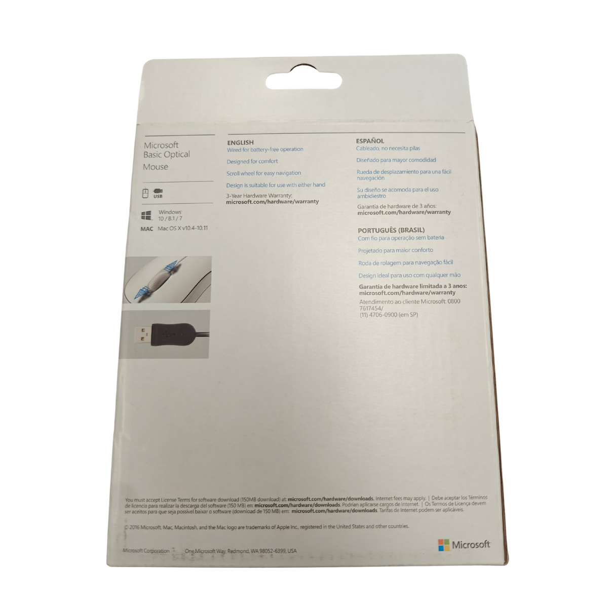 Microsoft P58-00062 Model 1113 Basic Optical Mouse Wired USB White PC Mac NEW