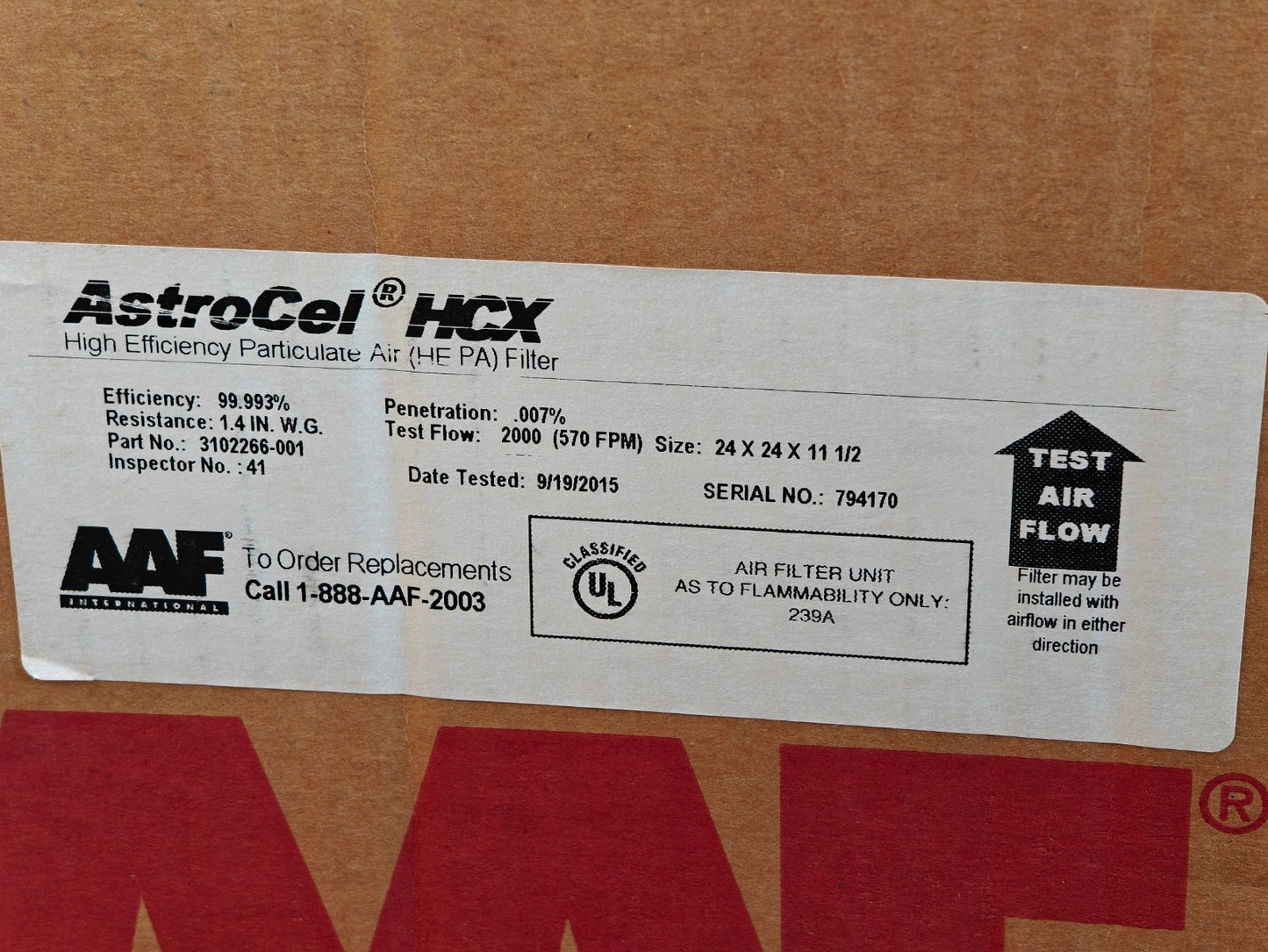 AAF  Flanders AstroCel HCX HEPA Air Filter | 3102266-001 24x24x11.5 | NEW