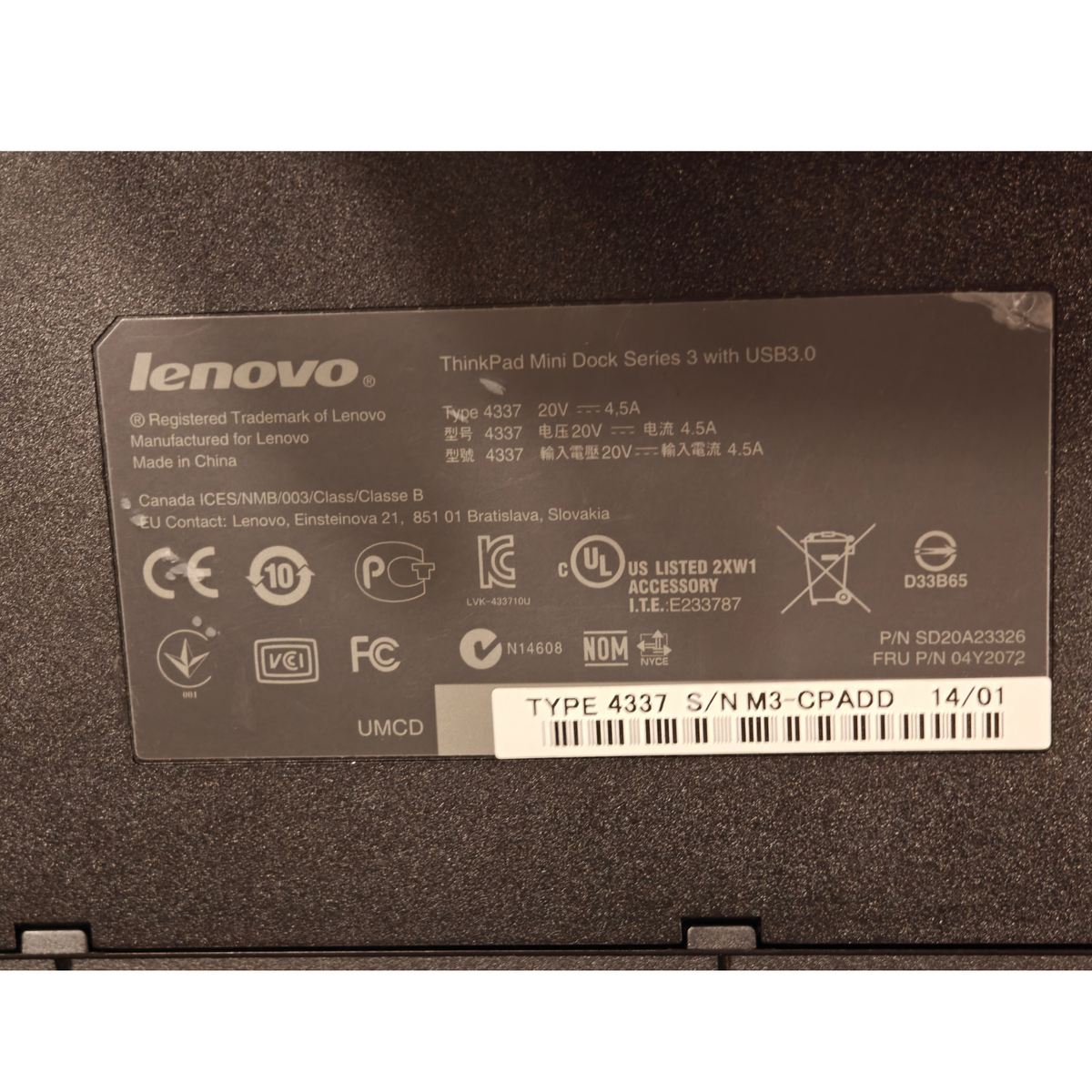 Lenovo ThinkPad 04Y2072 Mini Dock Series 3 USB 3.0 Type 4337 Port Replicator