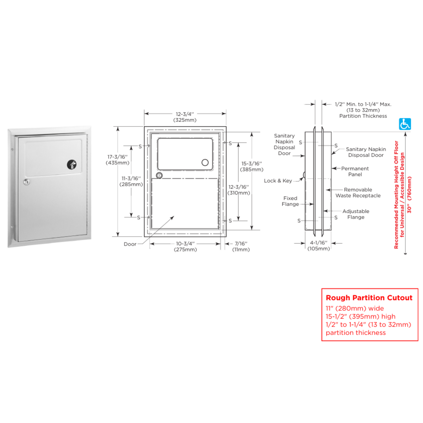 Bobrick B-354 Partition-Mounted Sanitary Napkin Disposal 1.3-Gallon | NEW