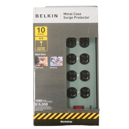Belkin F9D1000-15 10-Outlet Metal Case Surge Protector 15ft Heavy Duty Cord NEW
