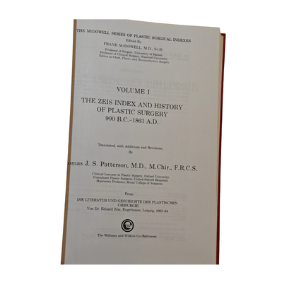 The Zeis Index and History of Plastic Surgery Vol 1 Hardcover McDowell Series