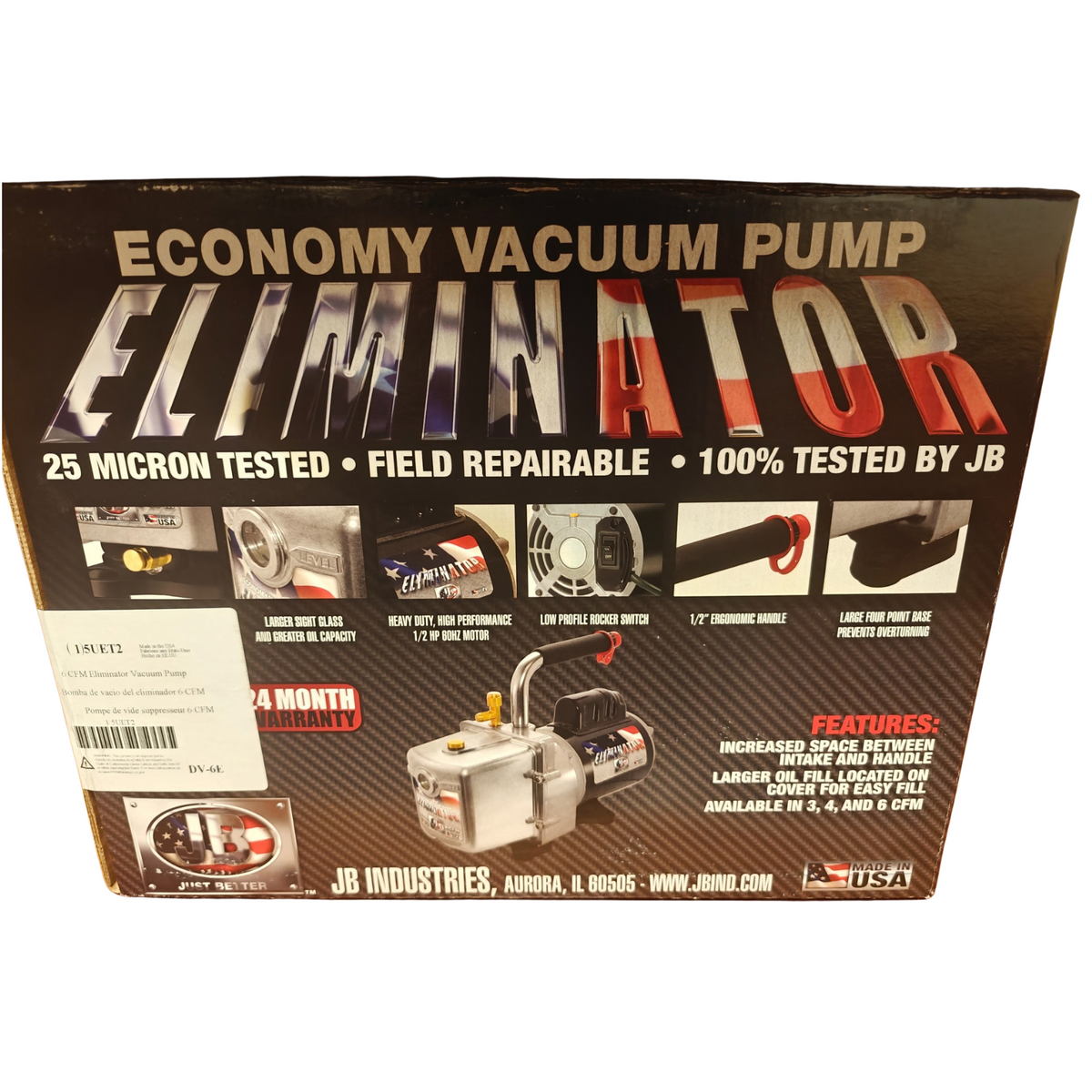 JB Industries Eliminator DV-6E 6 CFM Vacuum Pump 1/2 HP HVAC Refrigeration