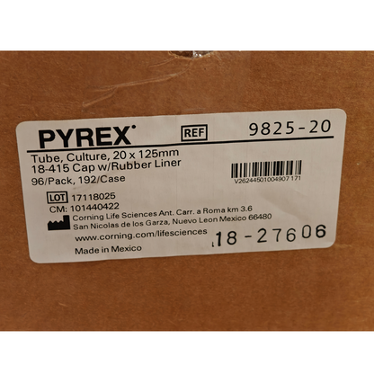 Pyrex 9825-20 96 Glass Culture Tubes 25 mL 20x125mm with Caps Rubber Liner | NEW