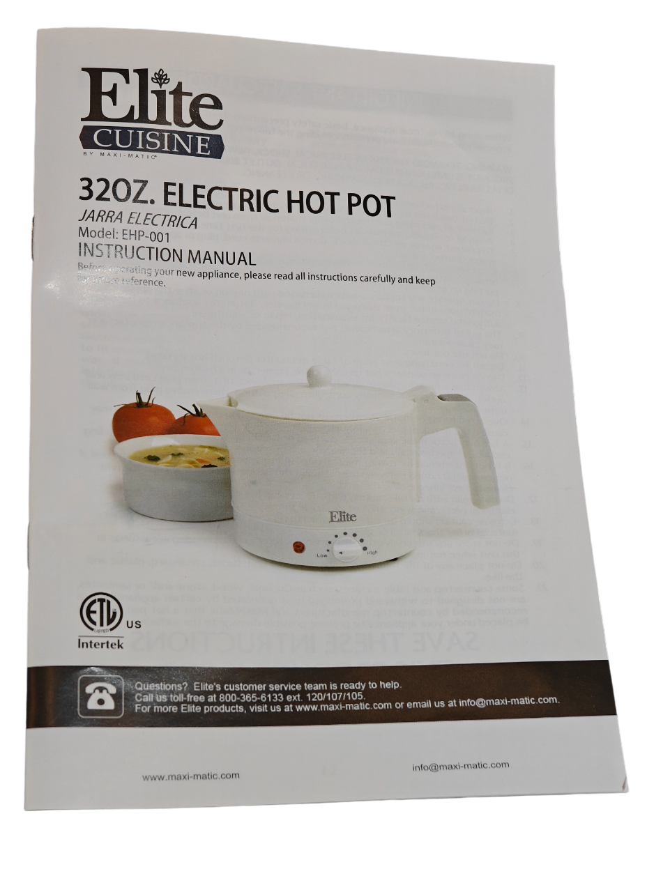 EHP-001 Elite Cuisine 32oz Electric Hot Pot Kettle Adjustable Temperature