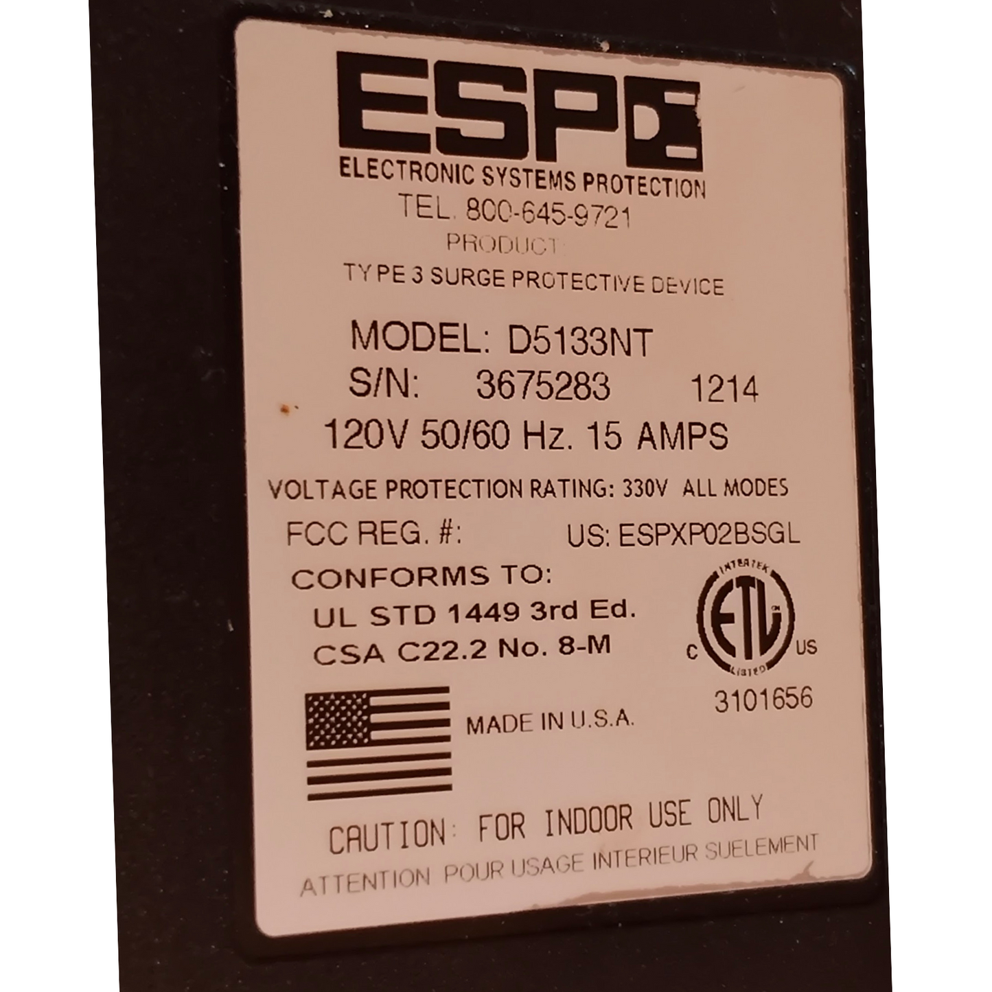ESP D5133NT 120V 15A Transient Voltage Surge Suppressor - Tested & Working