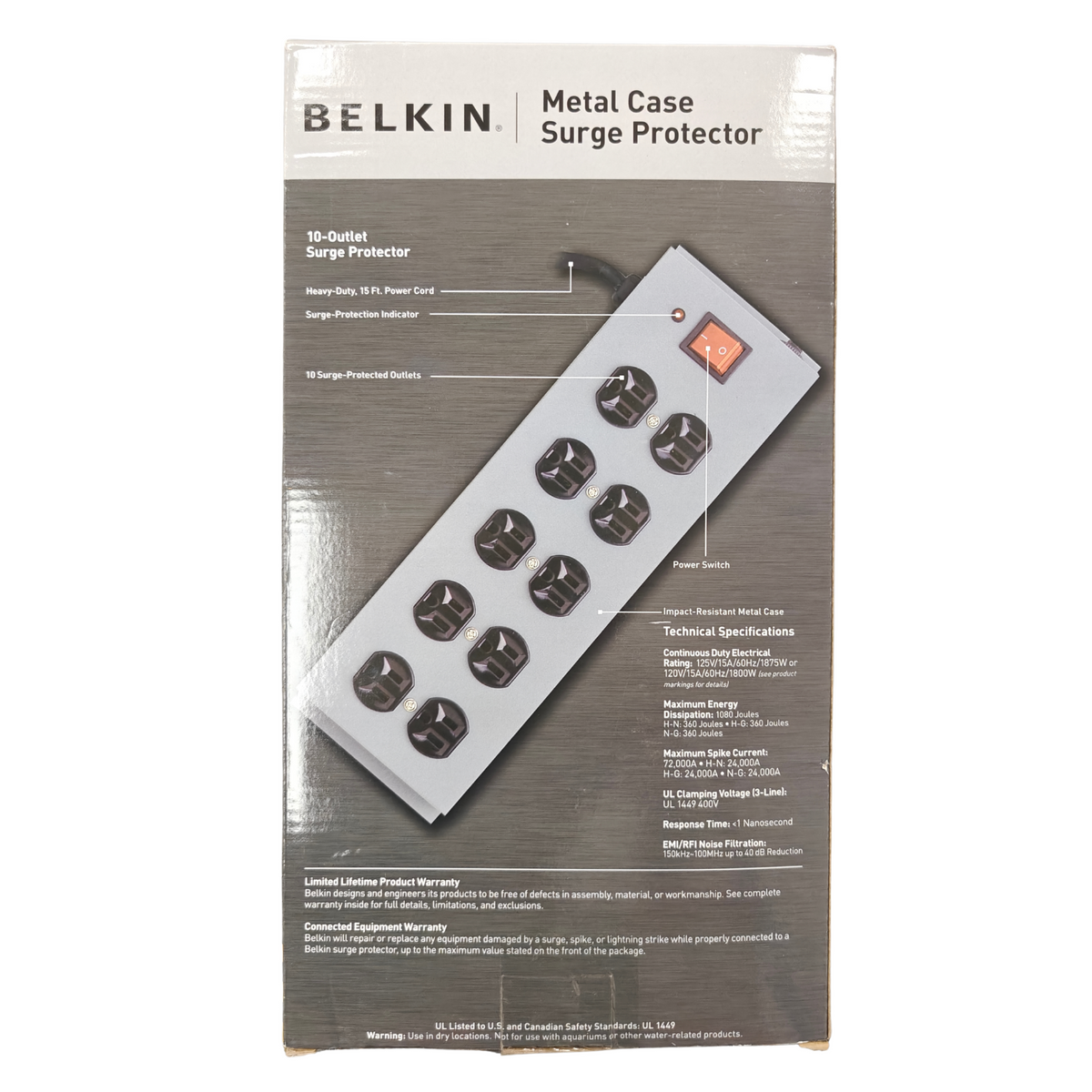Belkin F9D1000-15 10-Outlet Metal Case Surge Protector 15ft Heavy Duty Cord NEW