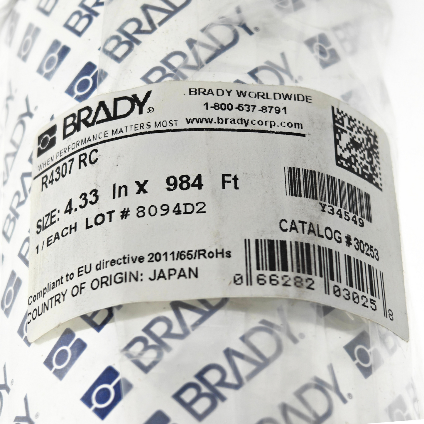 Brady R4307 RC Thermal Transfer Printer Ribbon 4.33" x 984' 1" Core R4300 Series