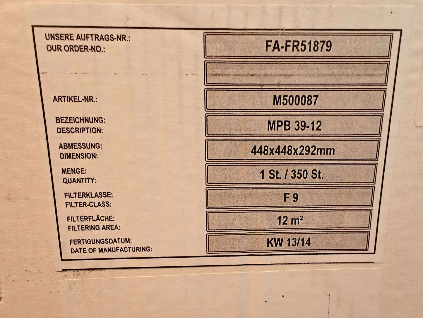Cameron F9 Panel Air ECO Filter 448x448x292mm Industrial HVAC | NEW