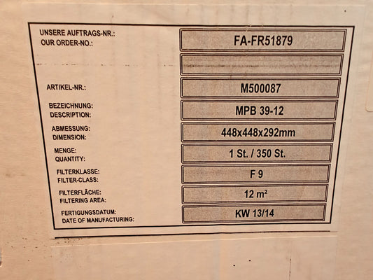 Cameron F9 Panel Air ECO Filter 448x448x292mm Industrial HVAC | NEW