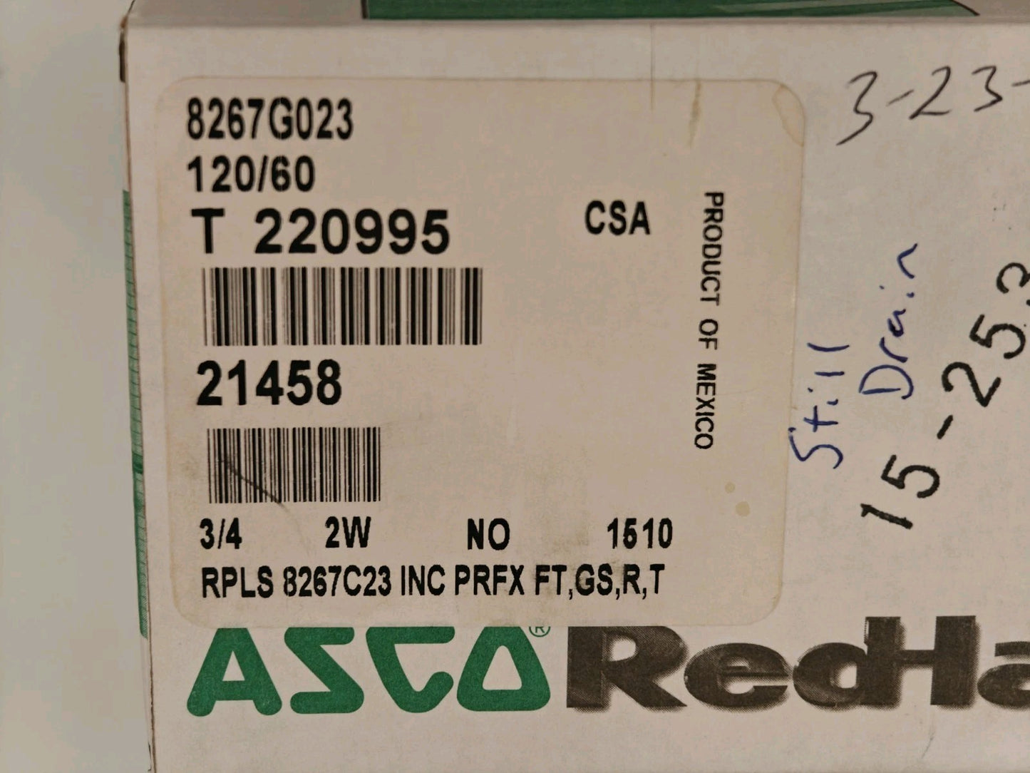 ASCO Red-Hat 8267G023 3/4" Solenoid Valve 2-Way, Normally Open, Hot Water; Steam