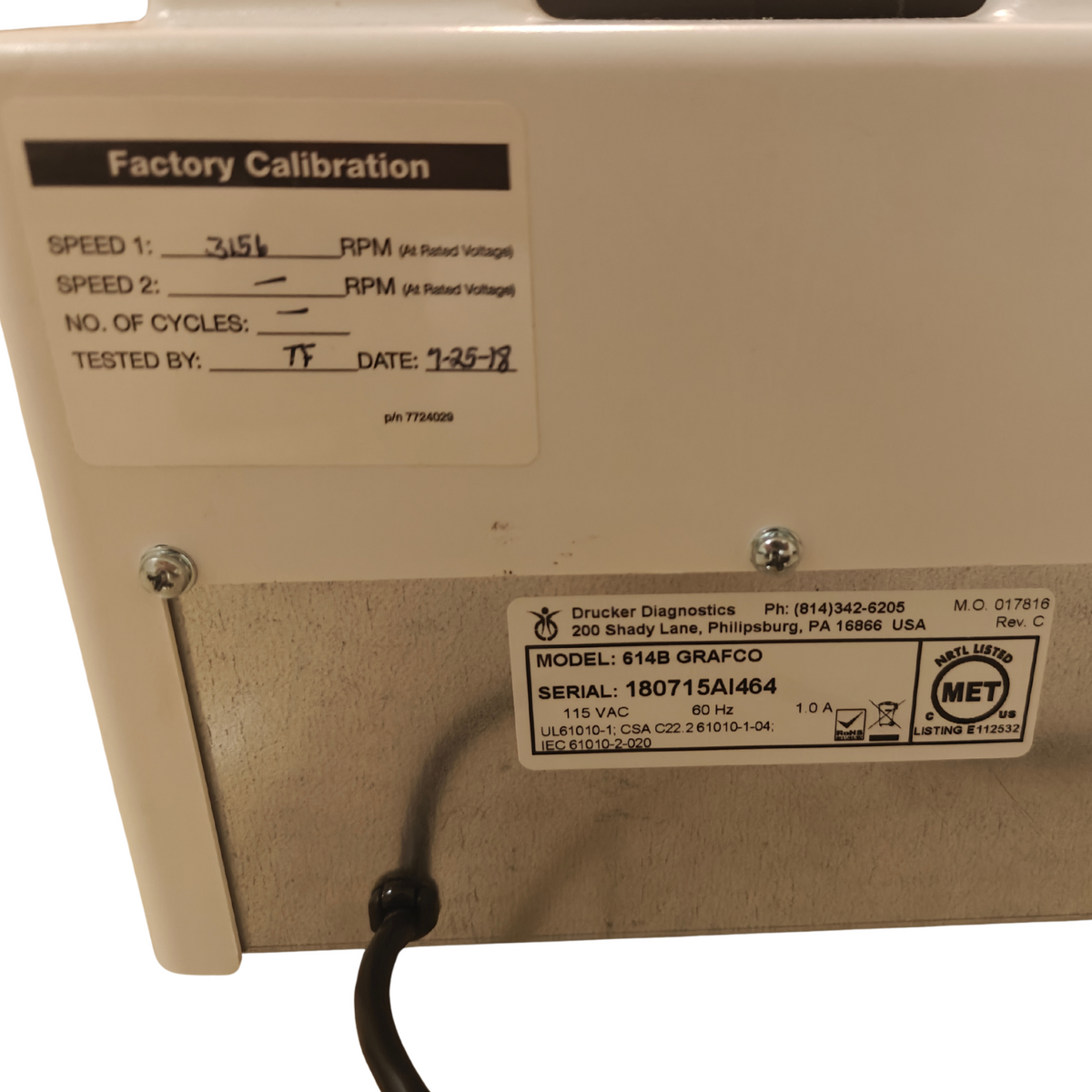 Grafco GF614B Laboratory Centrifuge 6-Place Rotor Drucker Diagnostics 3156 RPM