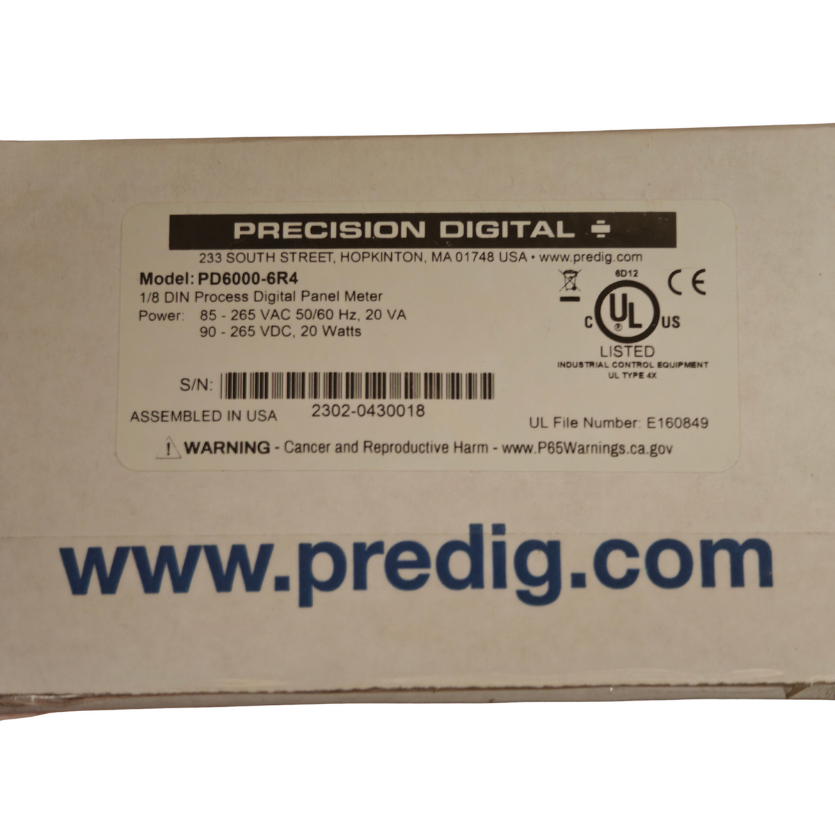 Precision Digital PD6000-6R4 PROVU 1/8 DIN Process Digital Panel Meter 85-265V