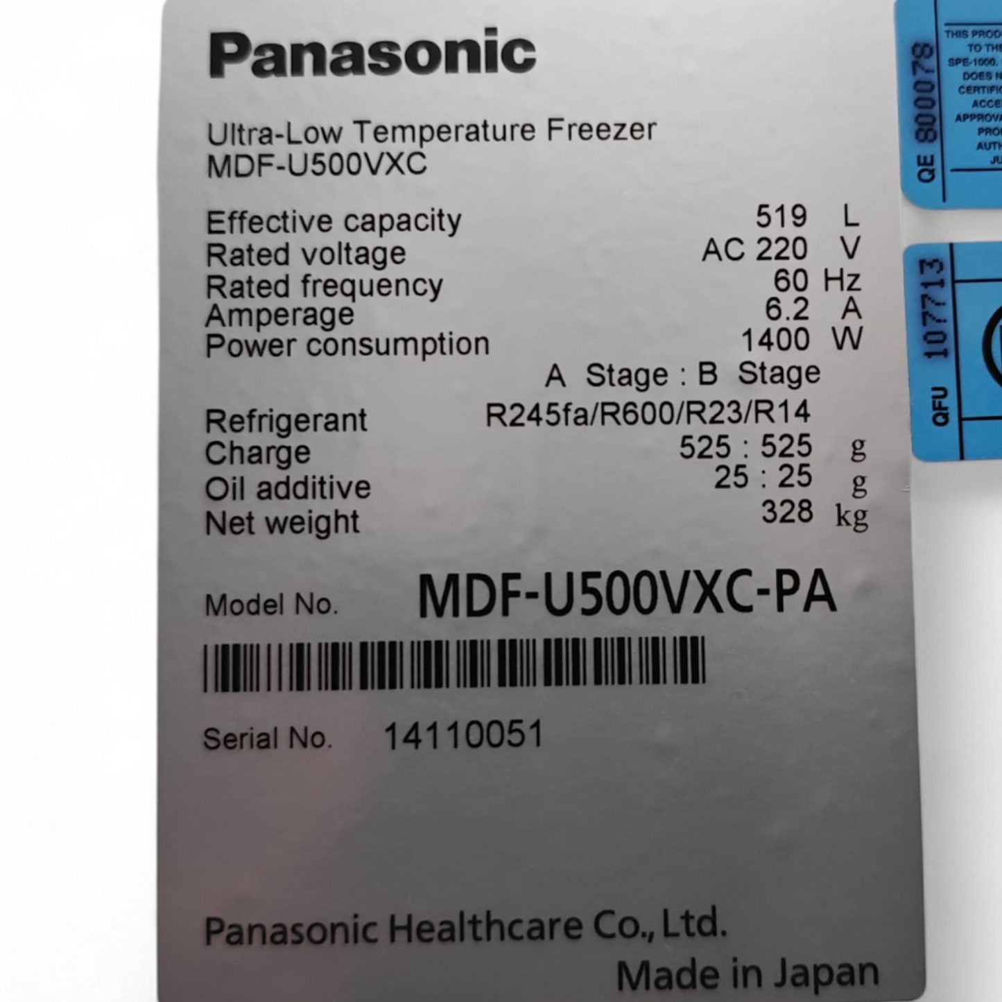 Panasonic MDF-U500VXC-PA Ultra-Low Temp Freezer -86°C TwinGuard ULT Lab Freezer