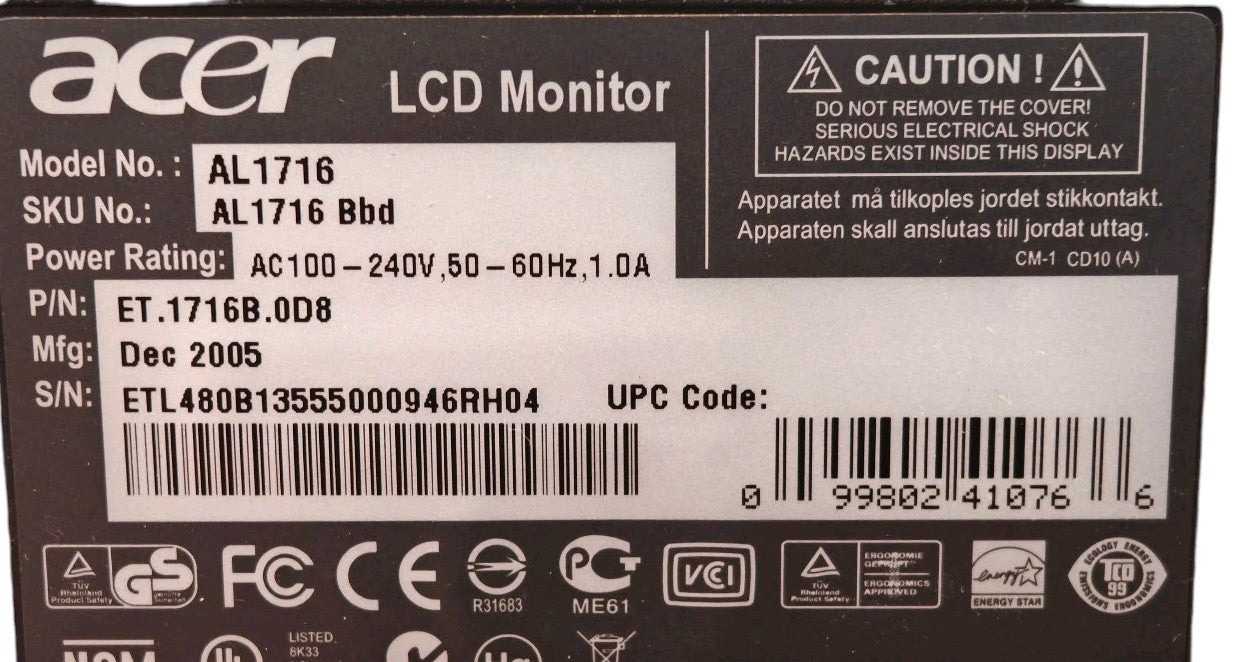 Acer AL1716 17" LCD Monitor VGA DVI  1280x1024 Flat Panel Display Compact