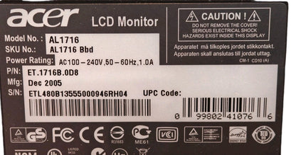 Acer AL1716 17" LCD Monitor VGA DVI  1280x1024 Flat Panel Display Compact
