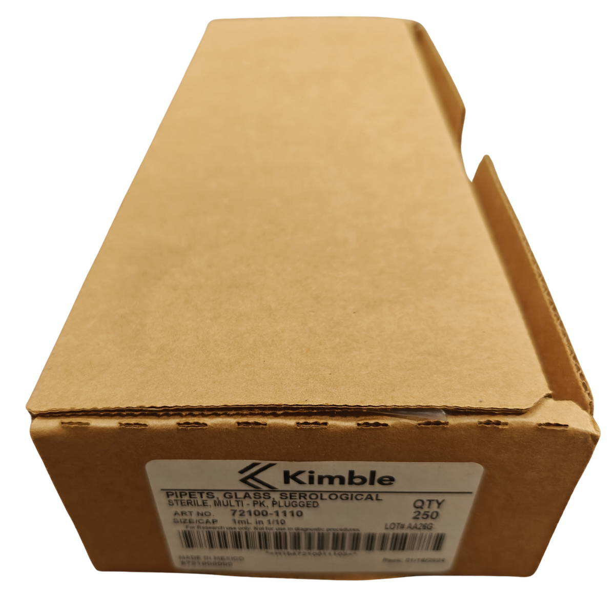 Kimble 72100-1110 Glass Serological Pipets 1mL Sterile Plugged Box of 250