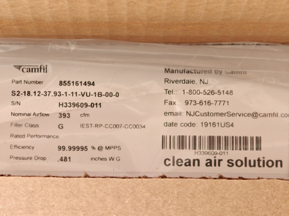 Camfil 855161494 Clean Air HEPA/ULPA Filter Panel 18.12"x37.93" | Set of 2 - NEW