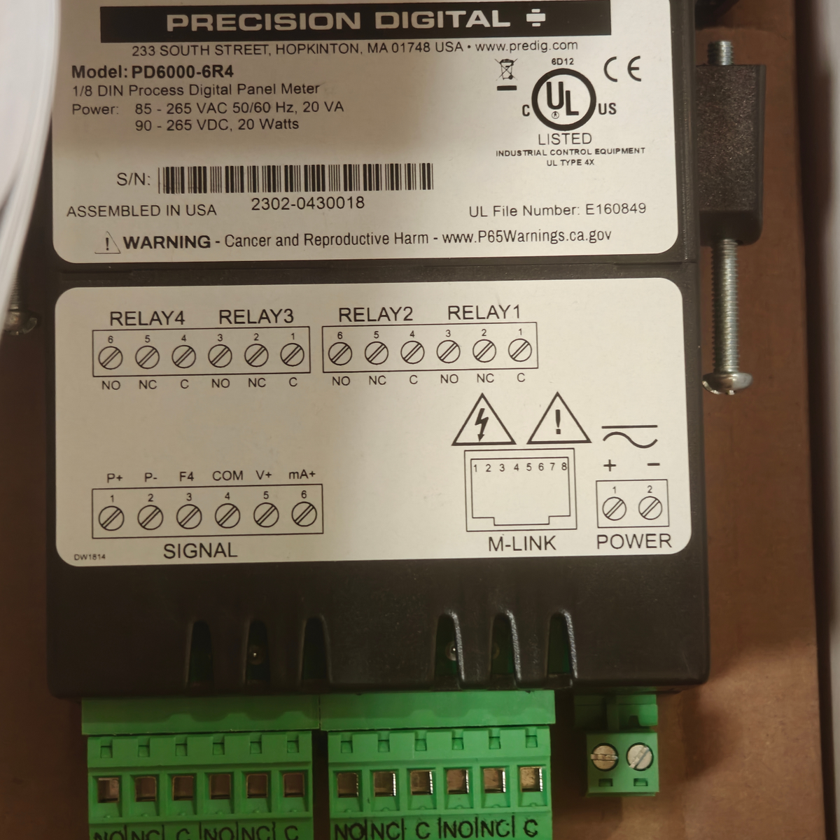 Precision Digital PD6000-6R4 PROVU 1/8 DIN Process Digital Panel Meter 85-265V