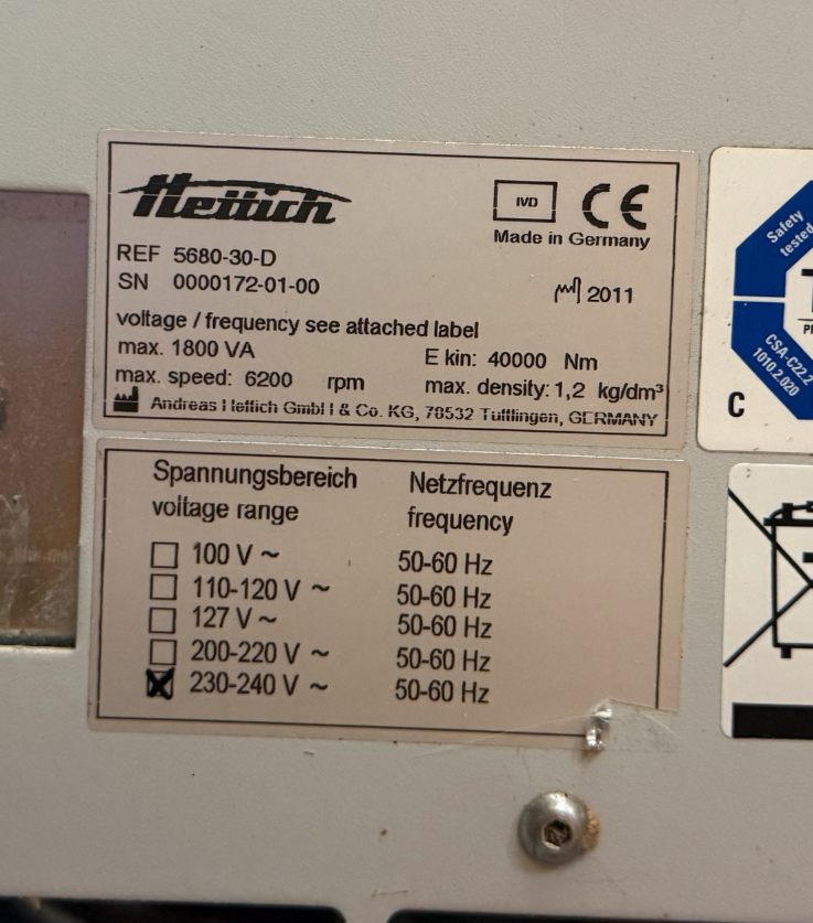 Hettich Rotanta 460 Robotic Refrigerated Centrifuge w/ Rotor & Buckets 5680-30-D