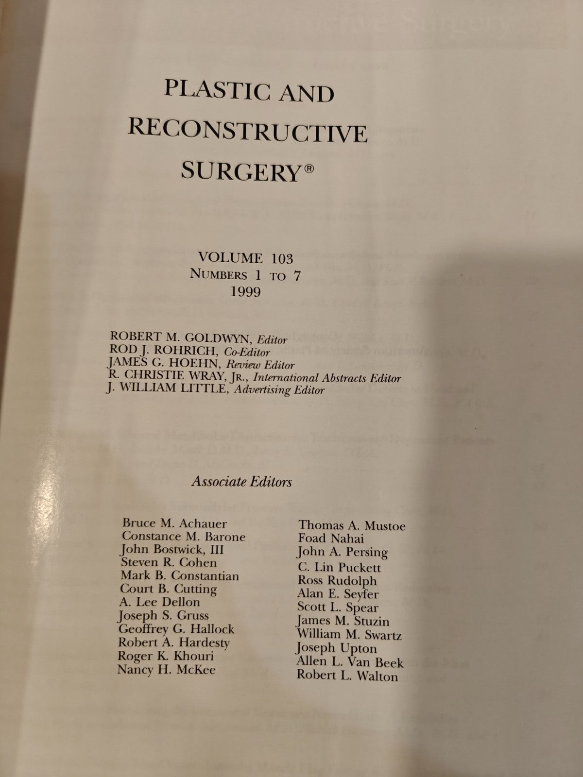 Plastic and Reconstructive Surgery Vol 103 1999 Medical Journal 2-Book Hardcover