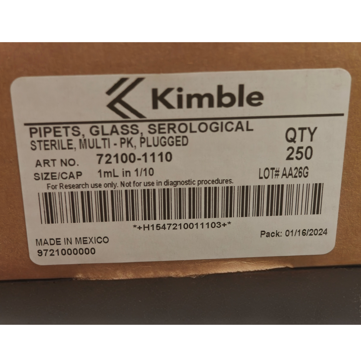 Kimble 72100-1110 Glass Serological Pipets 1mL Sterile Plugged Box of 250