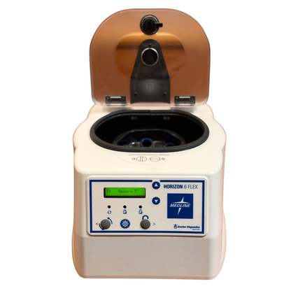 Front view of the Horizon 6 Flex centrifuge with its transparent lid open, showing the dark internal rotor chamber. The digital screen reads "Memory 5".