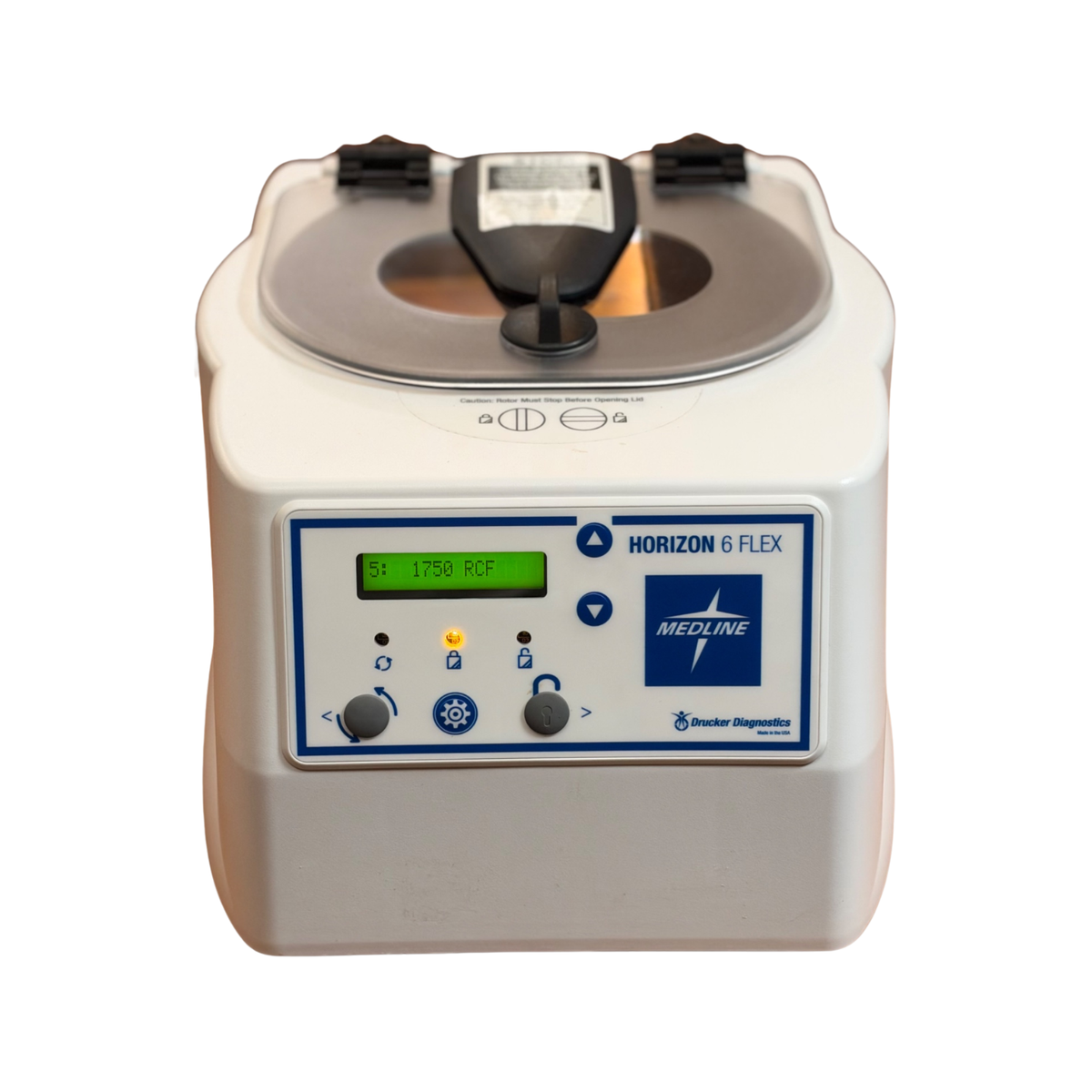 Front view of a white Drucker Diagnostics Horizon 6 Flex Medline benchtop centrifuge with the lid closed and the digital display showing 1750 RCF.