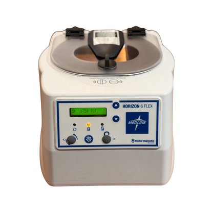 Front view of a white Drucker Diagnostics Horizon 6 Flex Medline benchtop centrifuge with the lid closed and the digital display showing 1750 RCF.
