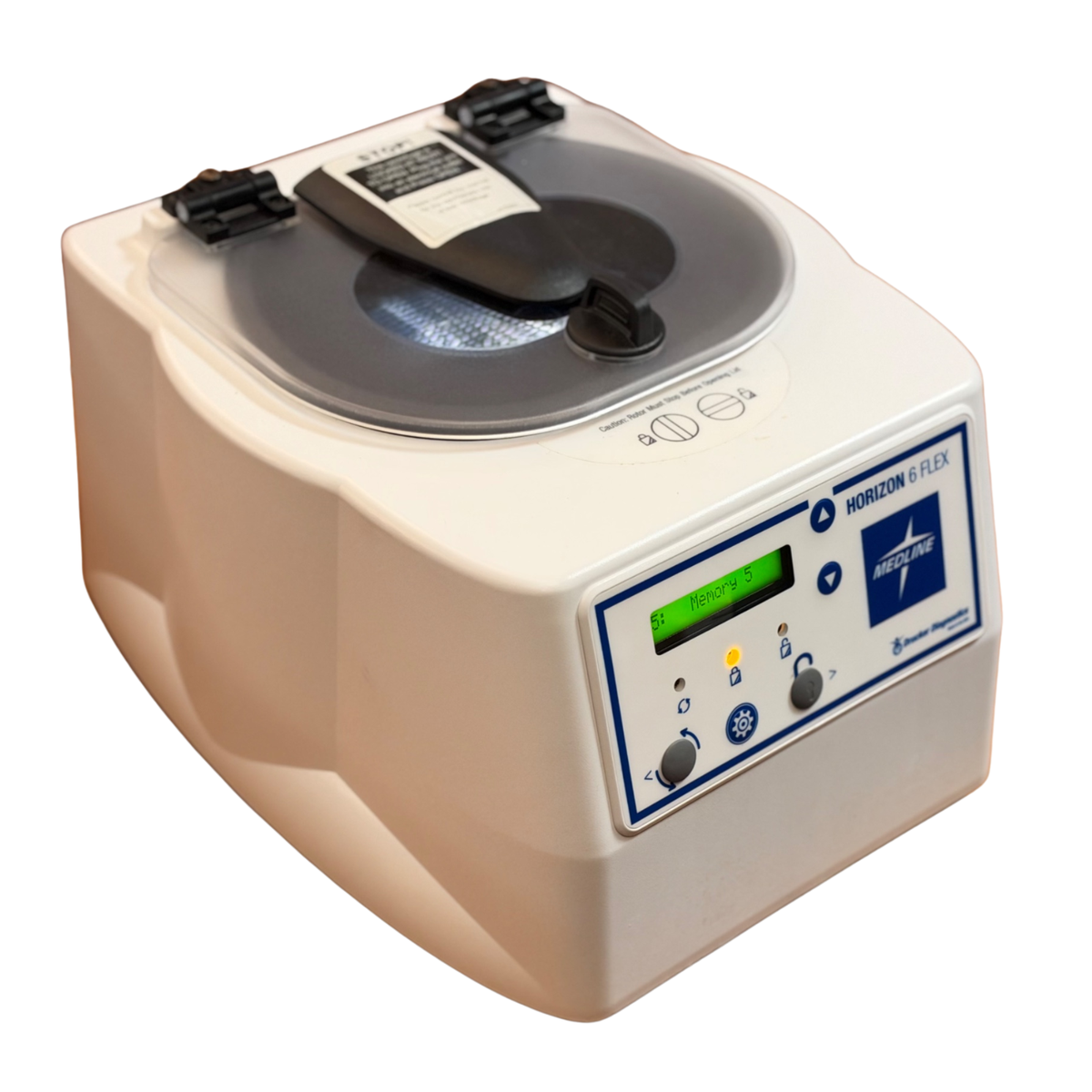 Angled side and front view of the Horizon 6 Flex centrifuge with the lid closed and the digital display reading "Memory 5".