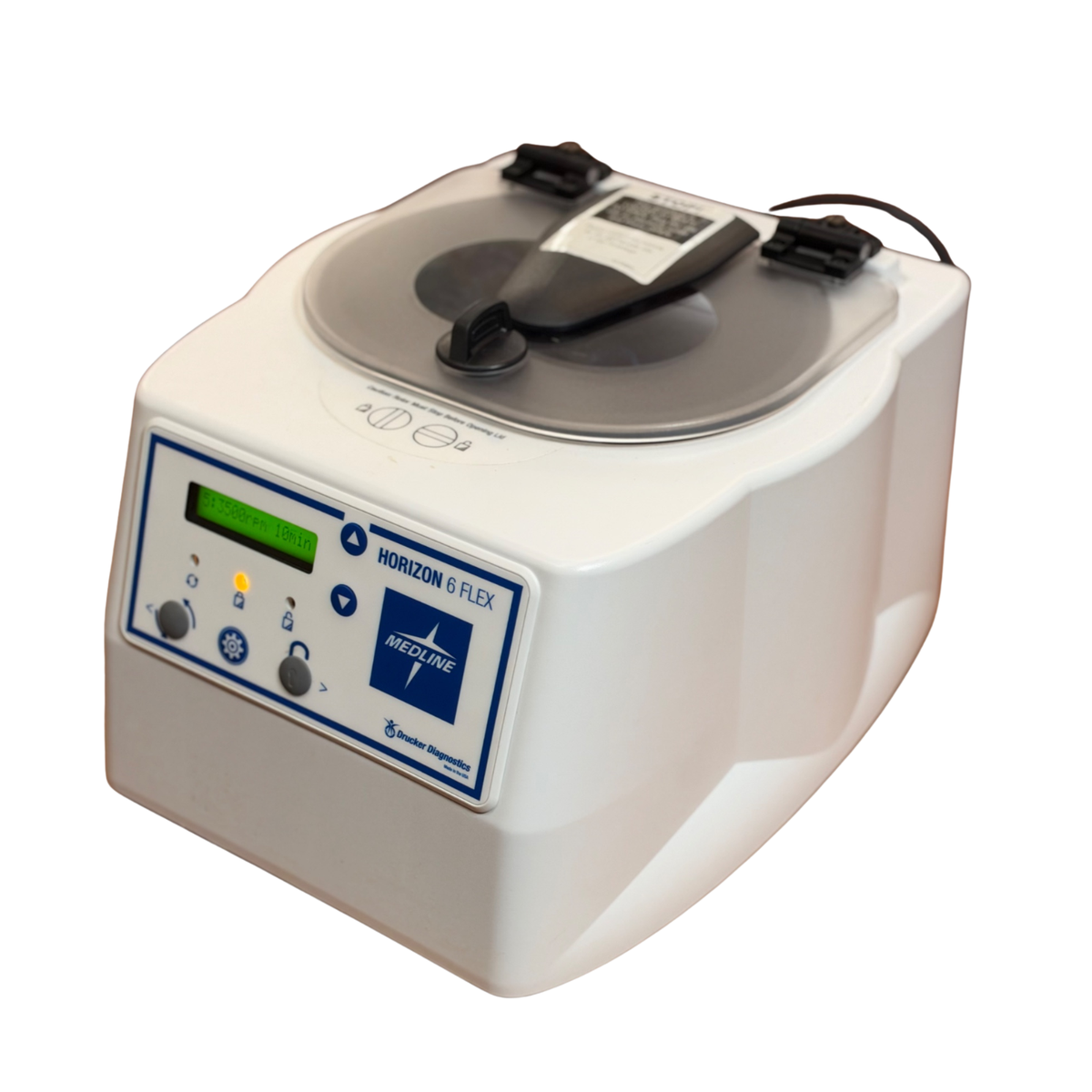 Angled side and front view of the Horizon 6 Flex centrifuge with the lid closed and the digital display showing "3500rpm 10min".
