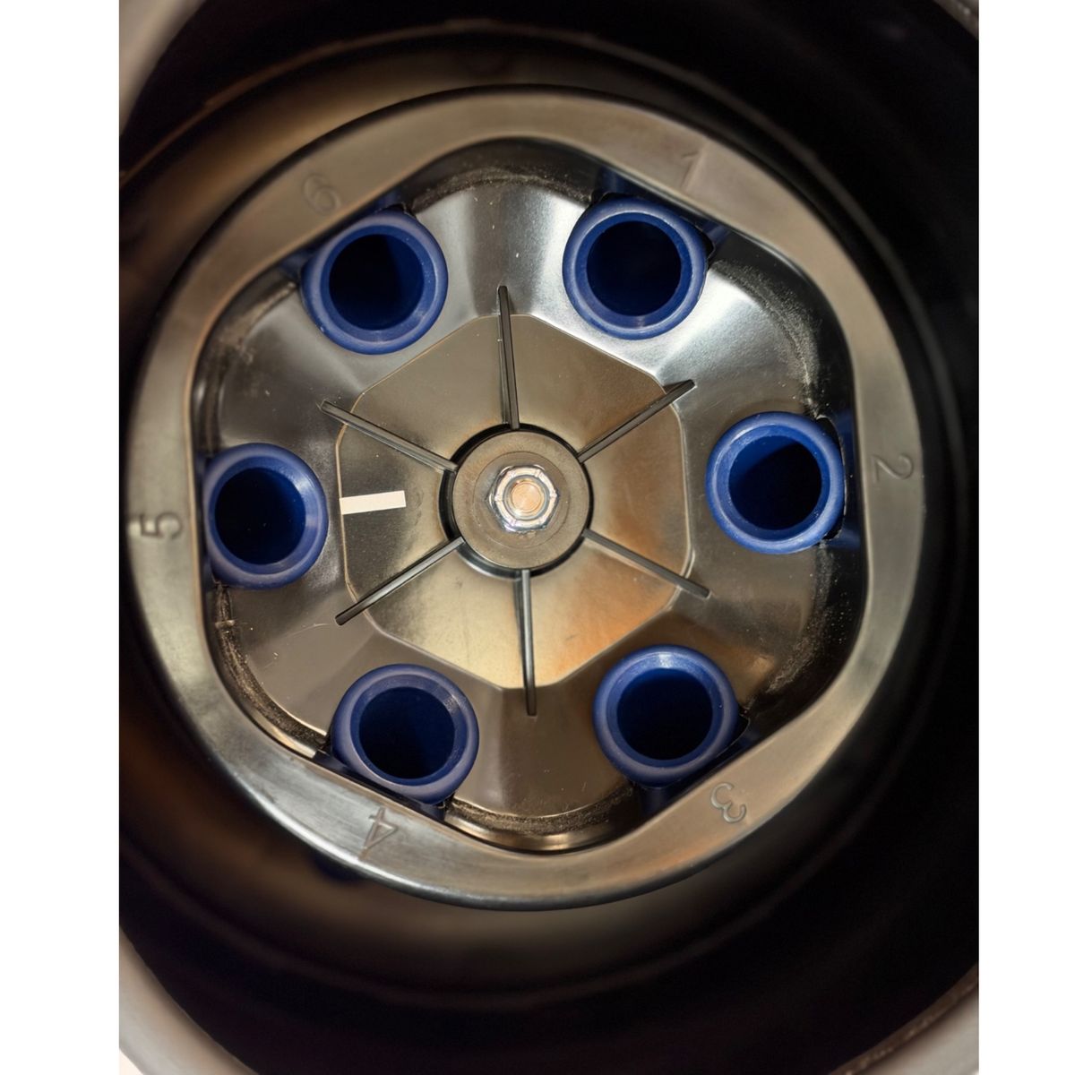 Top-down close-up view of the interior rotor assembly, featuring a metallic six-place fixed-angle rotor populated with six blue specimen tube holders.