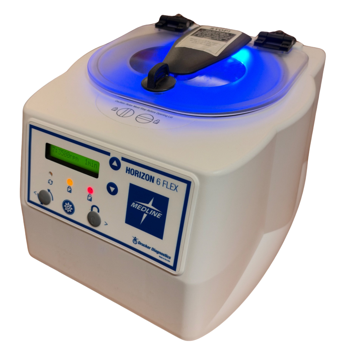 Angled view of the centrifuge with the lid closed, highlighting the internal blue LED indicator light glowing brightly through the top window.