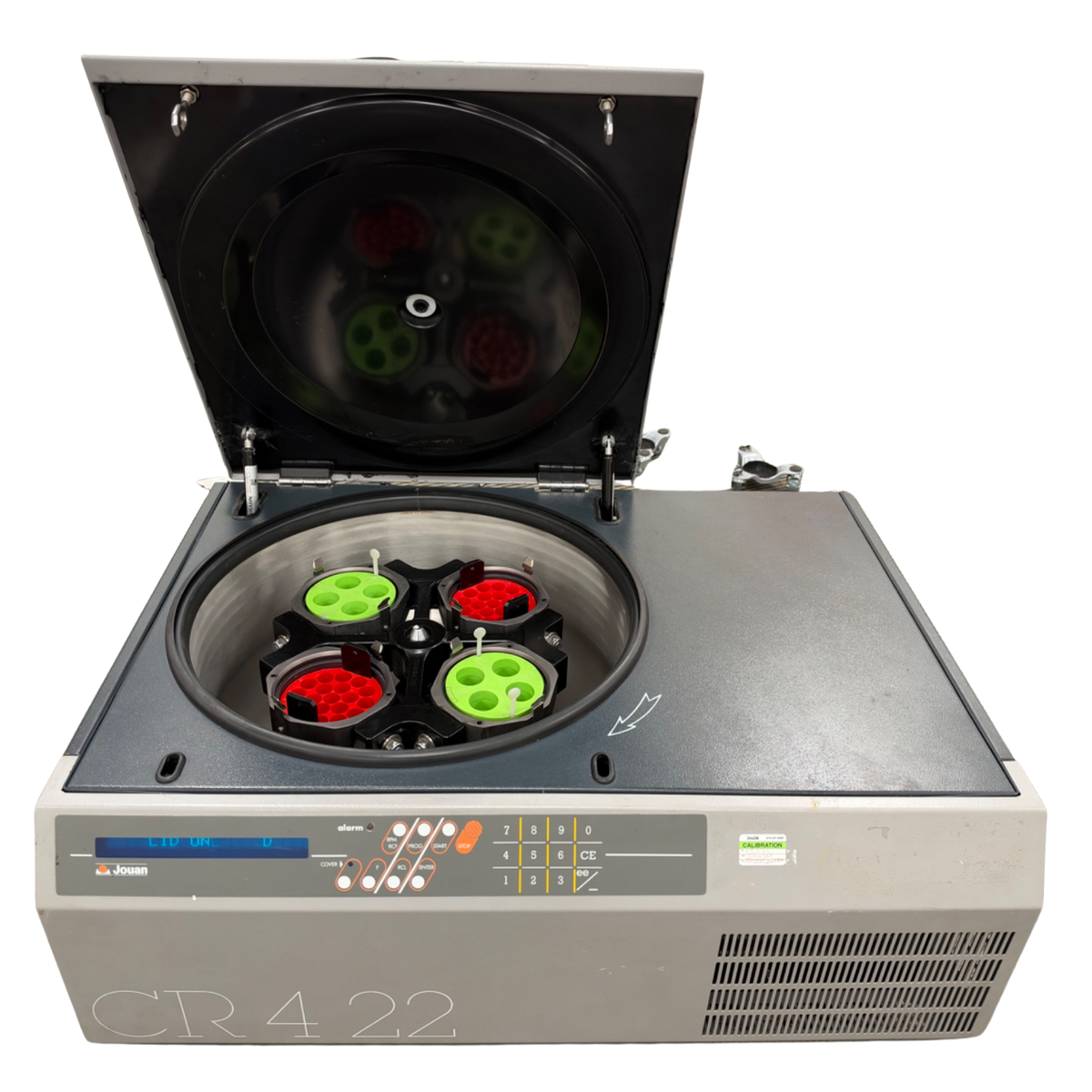 Front view of a Jouan CR4-22 refrigerated centrifuge with an open lid, showing the internal stainless steel chamber, 4-position swinging bucket rotor, and digital control panel.