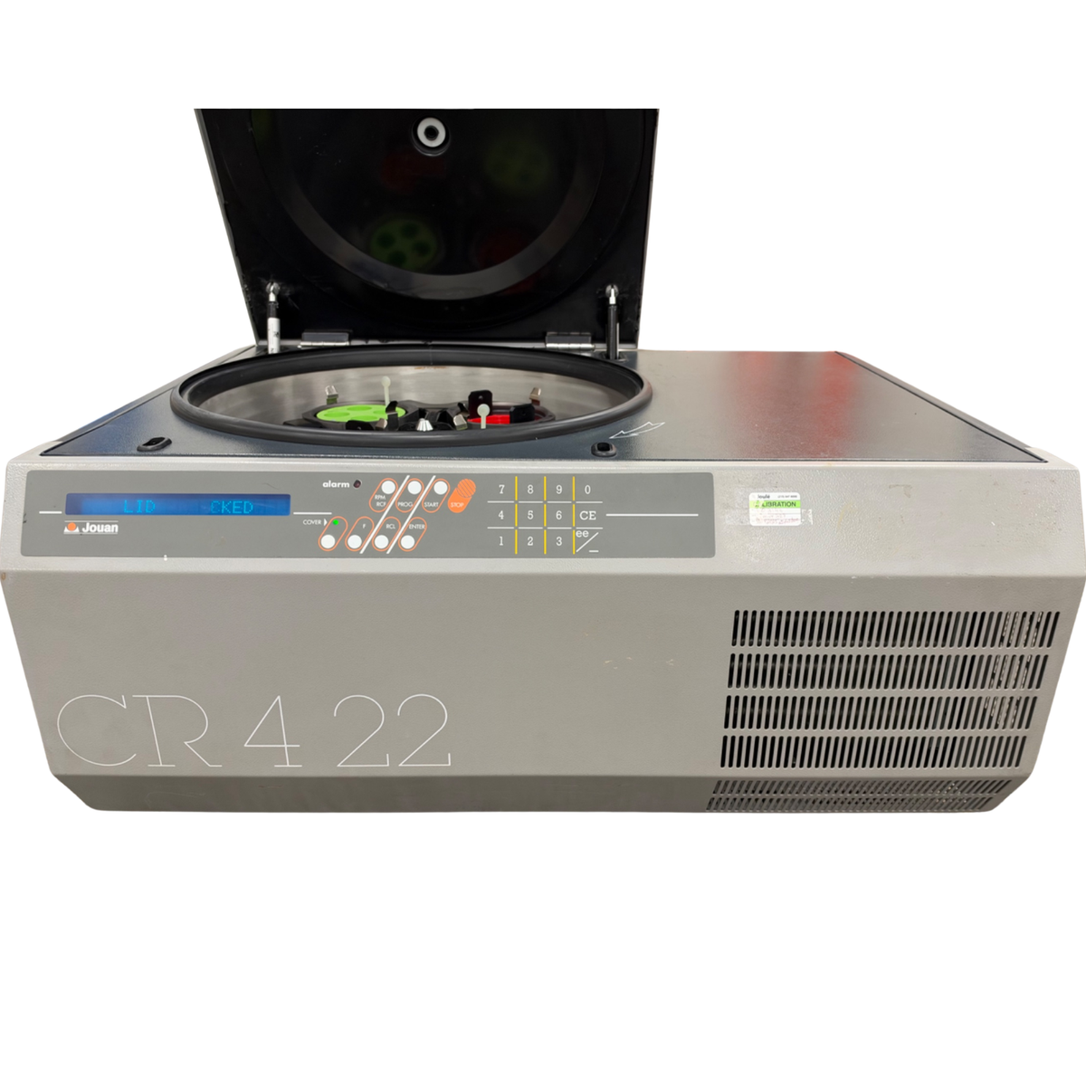 Straight-on front view of the Jouan CR4-22 centrifuge control panel with digital LED screen displaying 'LID UNLOCKED' and key pad controls.