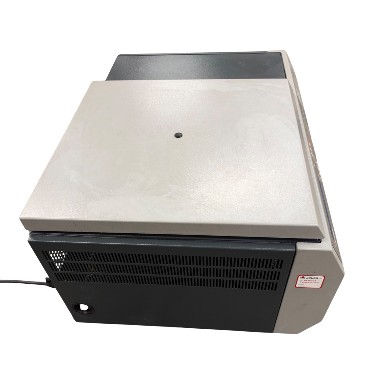 Top-side profile view of the Jouan CR4-22 laboratory centrifuge with the lid closed, highlighting side ventilation grills.