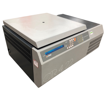 Angled front-left perspective of the Jouan CR4-22 centrifuge with the digital display powered on and lid closed