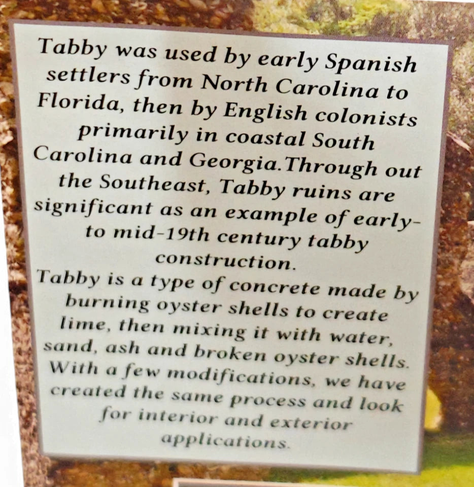 Informational plaque describing tabby concrete oyster shell construction