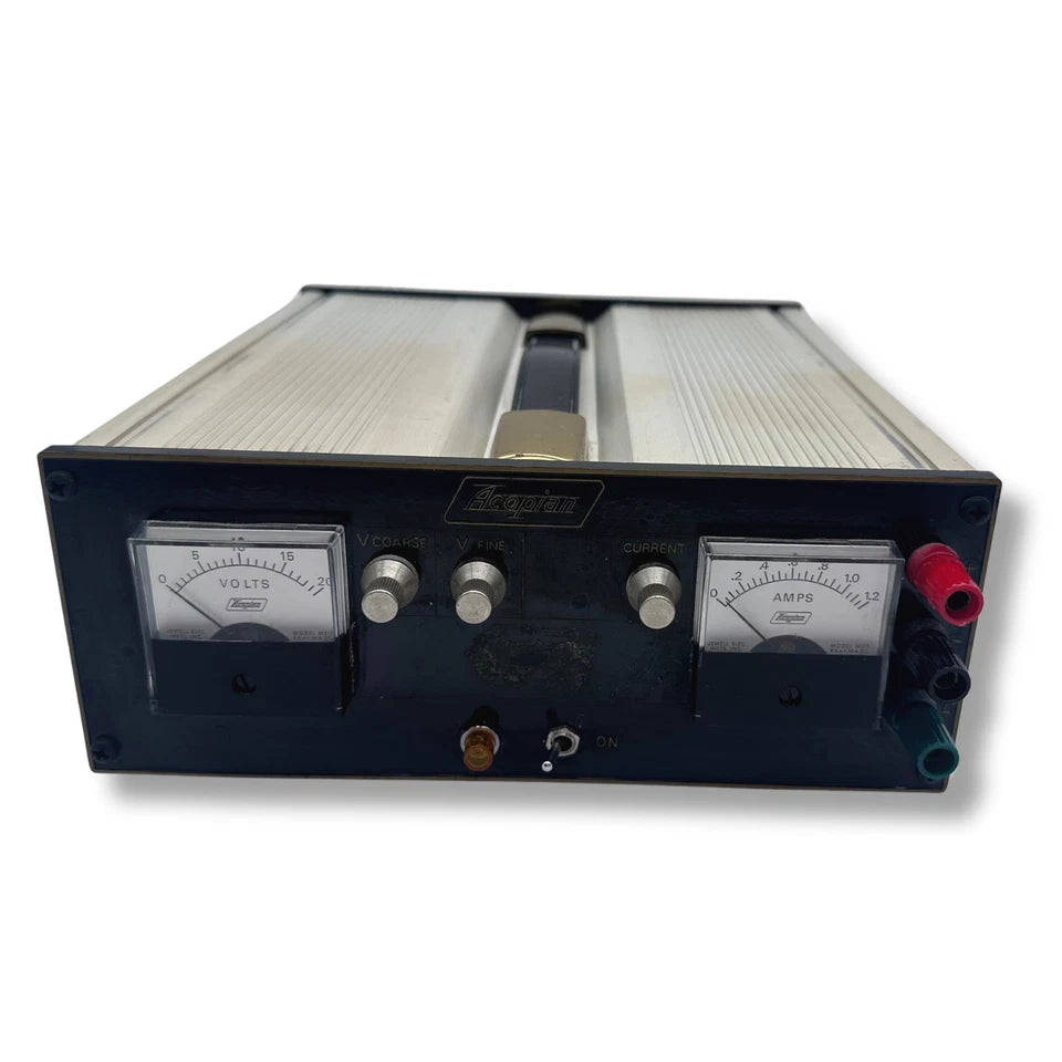 Front panel of Acopian K18S100 linear power supply with meters