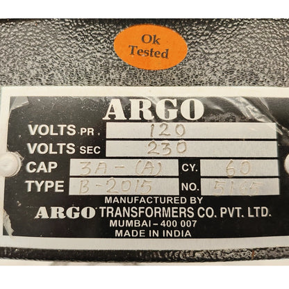 ARGO B-2015 transformer specification label No. 5165