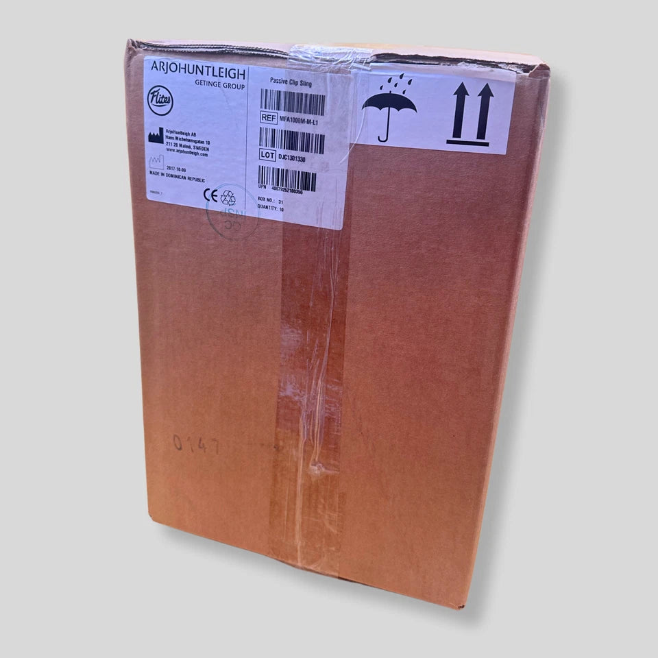 Shipping box containing ArjoHuntleigh patient lift slings case of 10