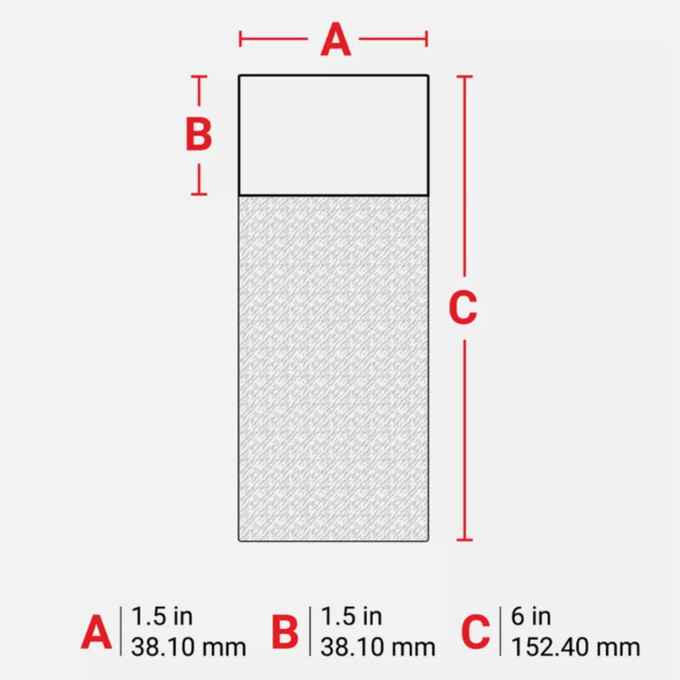 Dimension diagram showing Brady self-laminating label size 1.5 x 6 inches with measurement references